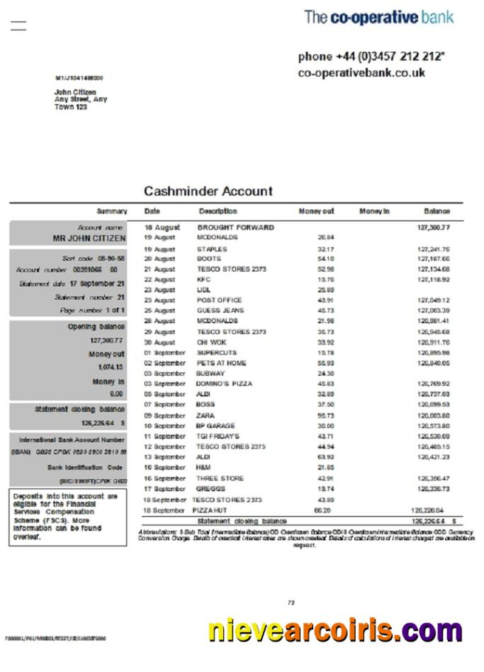 United Kingdom The Co-operative bank statement in Word and PDF format